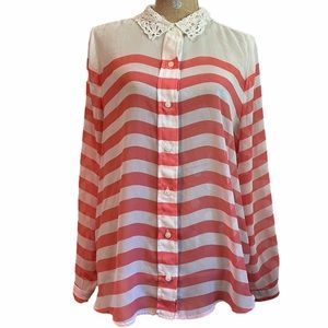 LC Lace Peterpan Collar Horizontal Coral Stripe Button Long sleeve XL Blouse